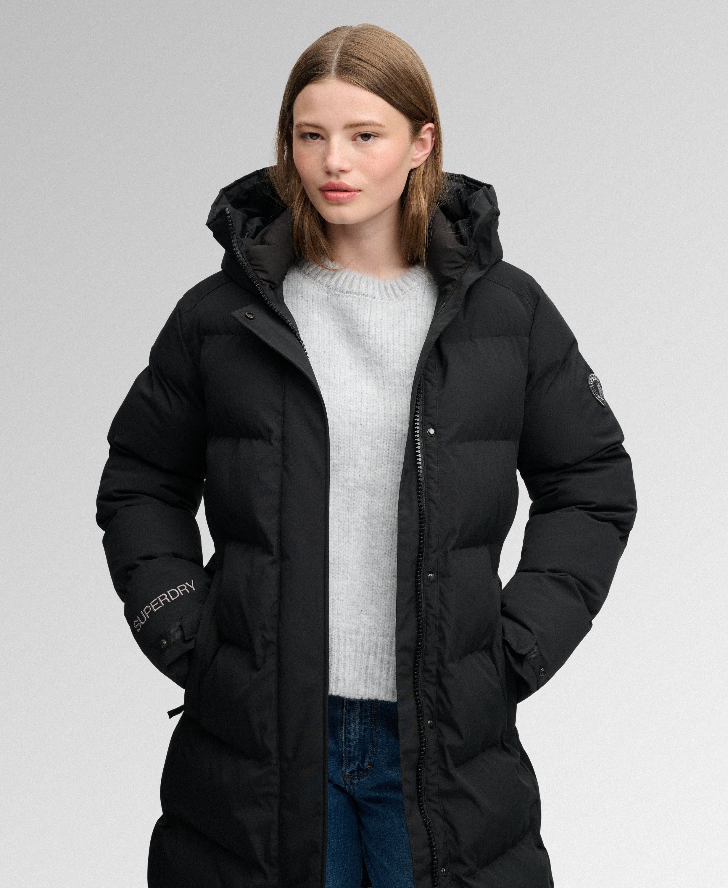 ジャケット・アウター SHINYA KOZUKA Long zip Coat cotton Black womens City Chevron Padded Longline Coat in Black | Superdry US