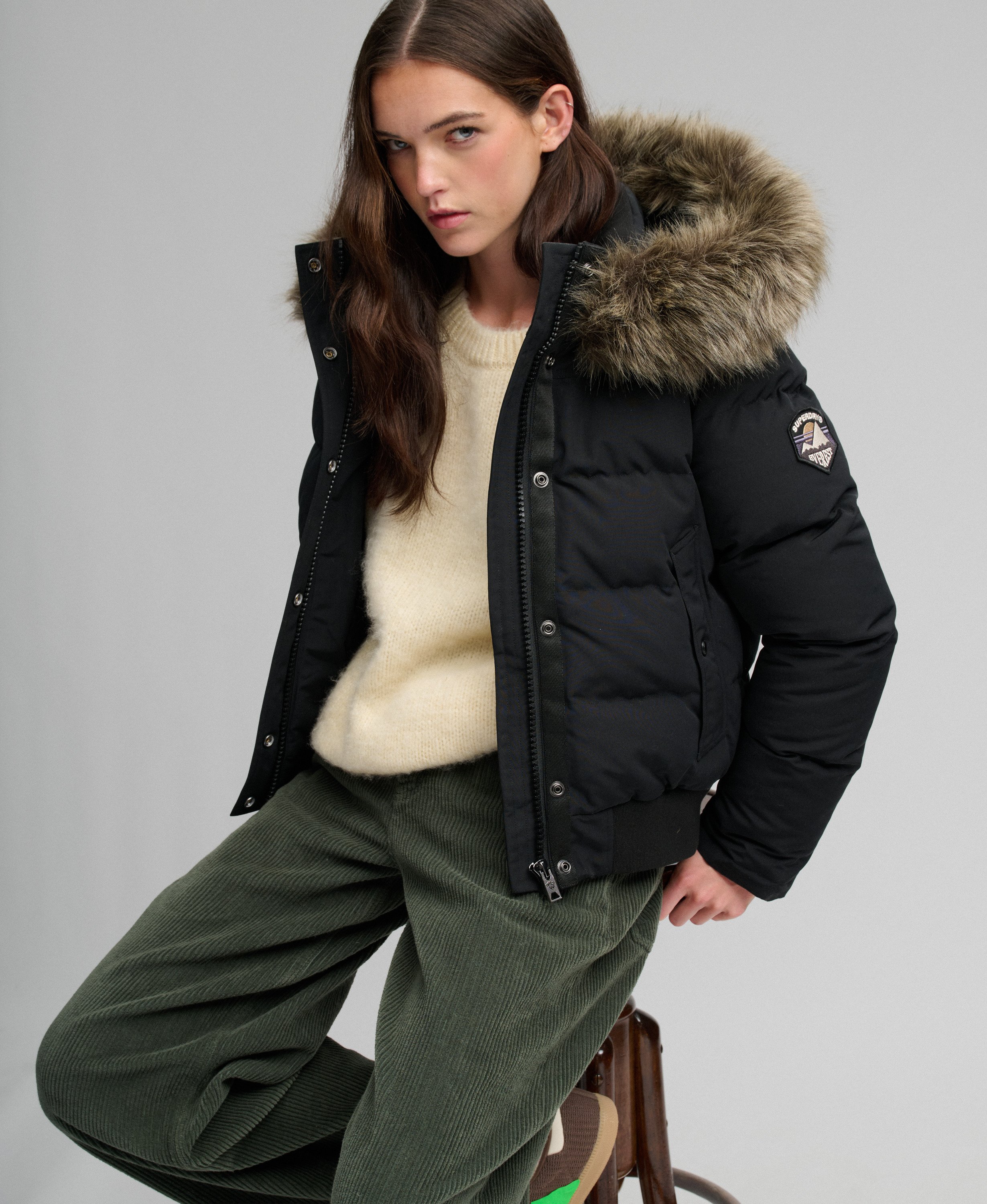 womens Everest Hooded Bomber Jacket in Black | Superdry US