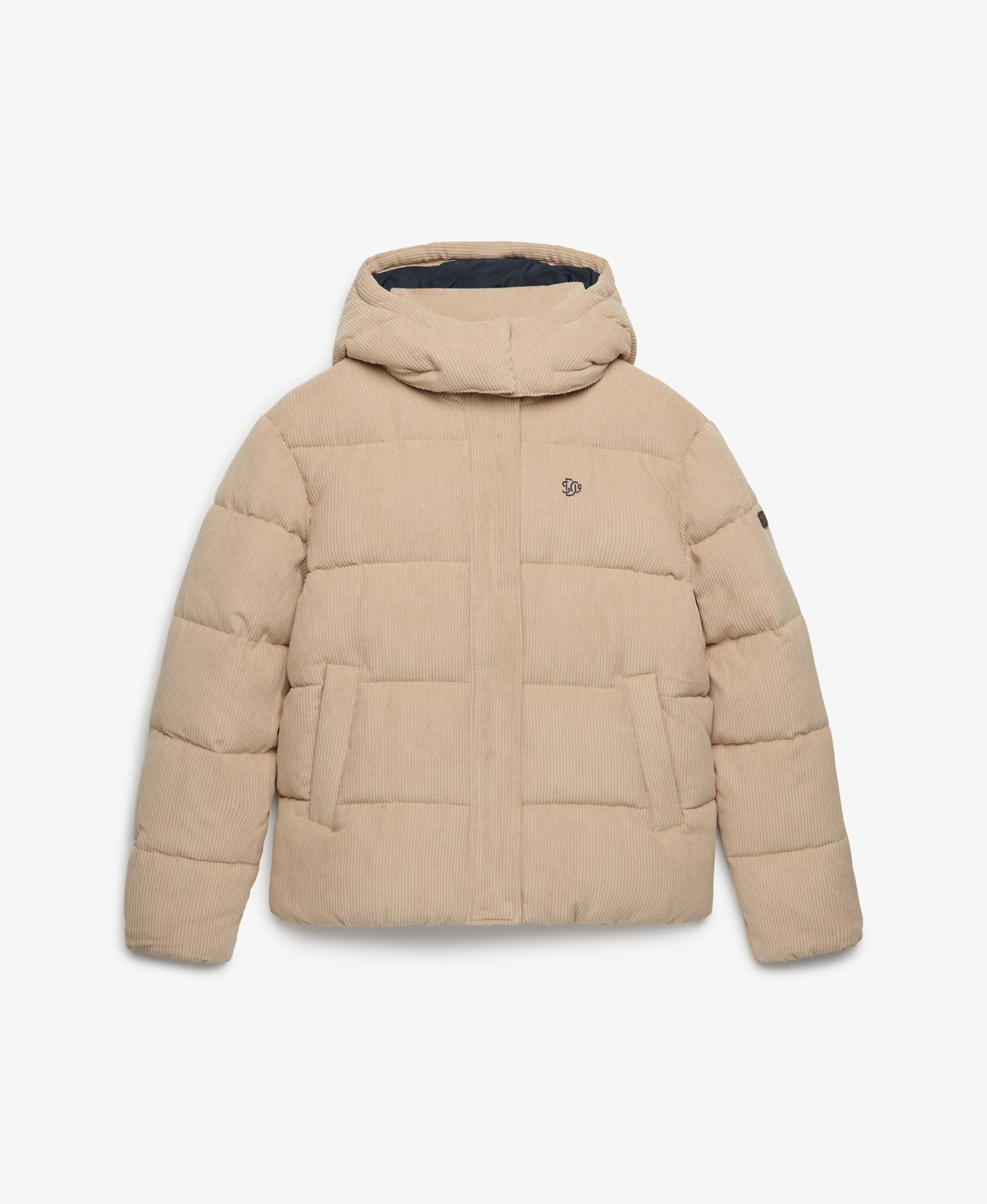 womens Premium Hooded Cord Puffer Jacket in Incense Brown