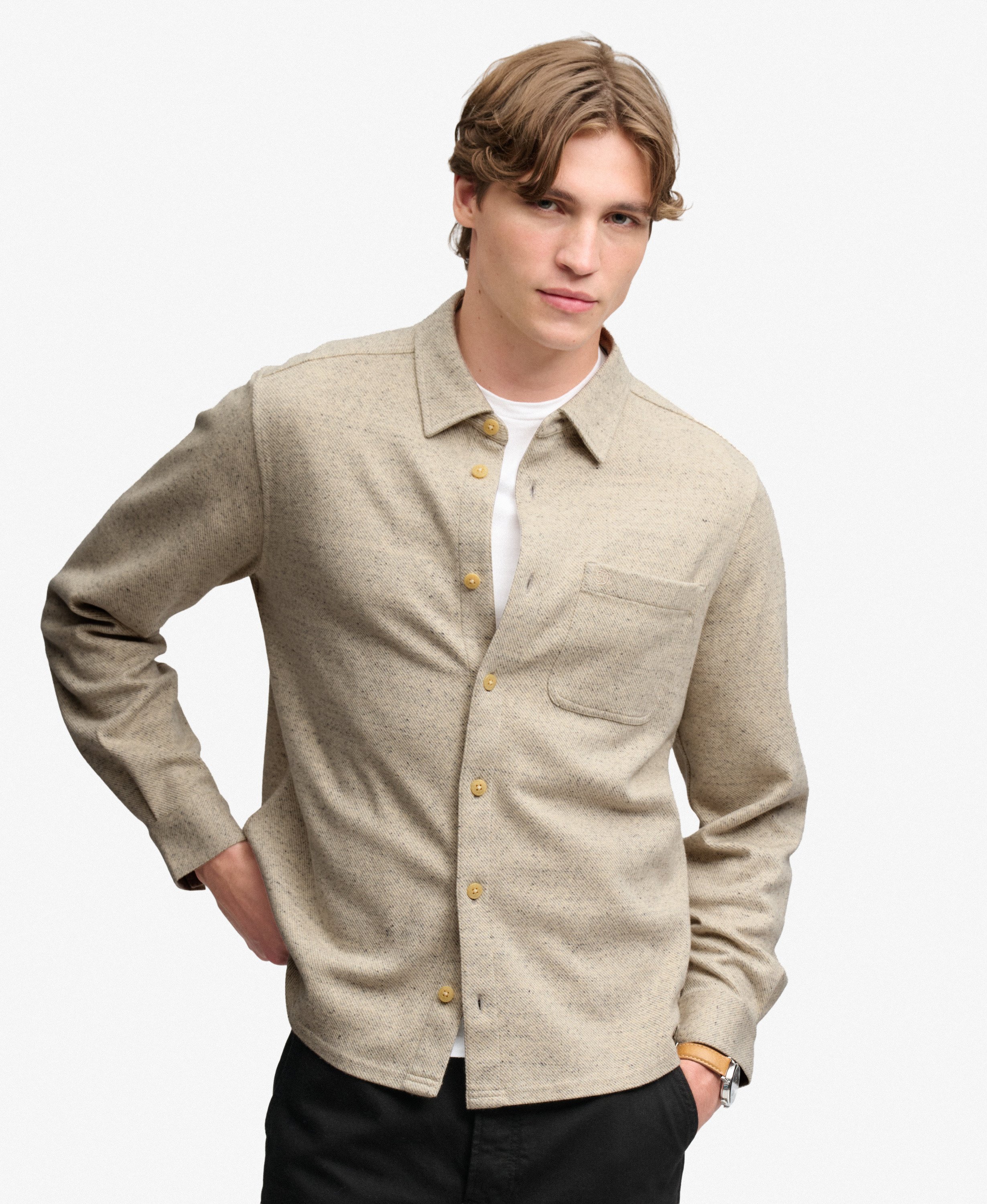 mens Twill Tweed Jersey Shirt in Ecru Tweed | Superdry US