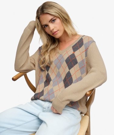 Argyle-Pullover mit V-Ausschnitt lockere Passform Image 2