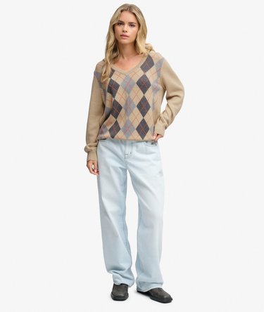 Argyle-Pullover mit V-Ausschnitt lockere Passform Image 3