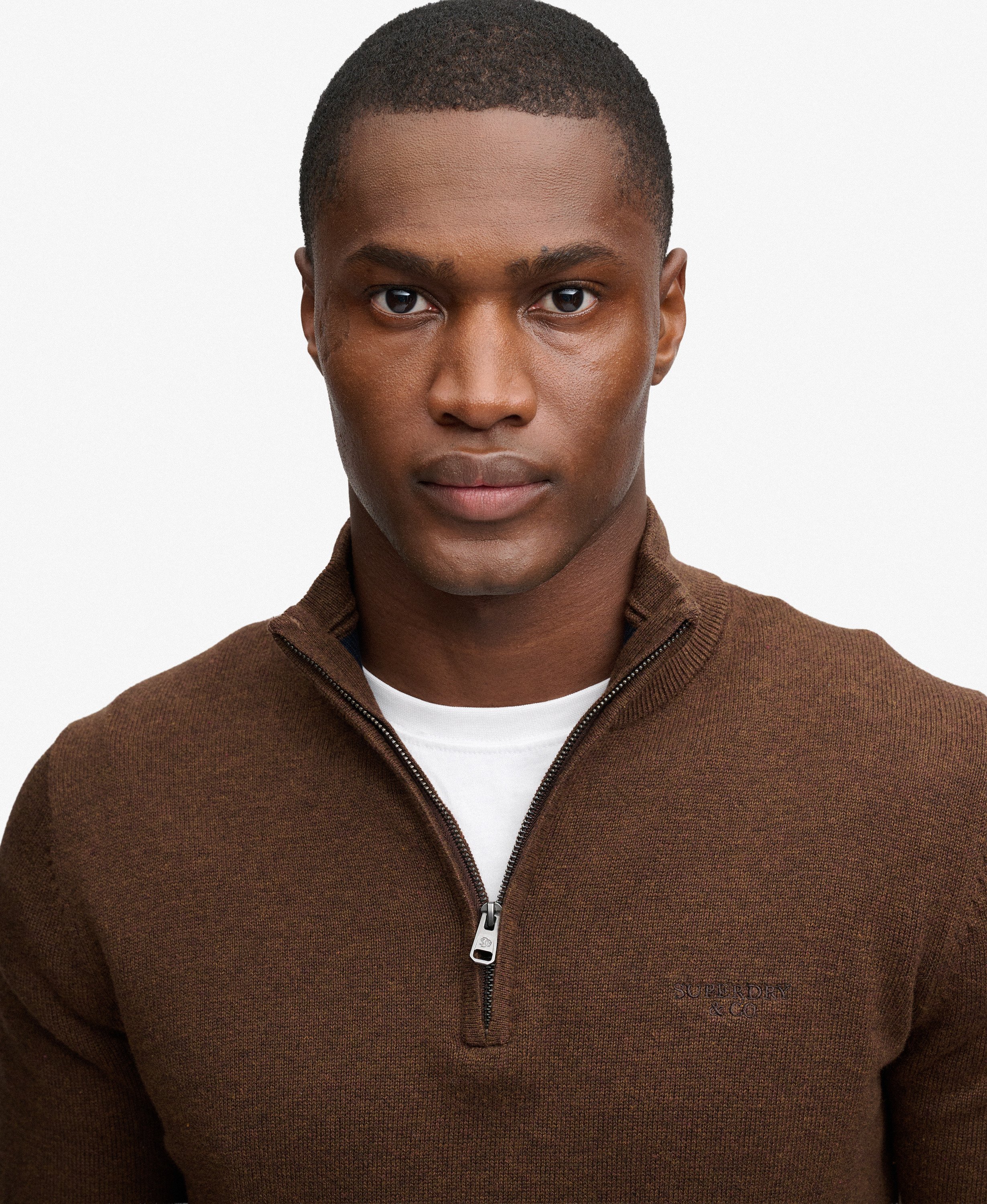 mens Prep Essential Cotton Half Zip Jumper in Chocolate Brown Marl