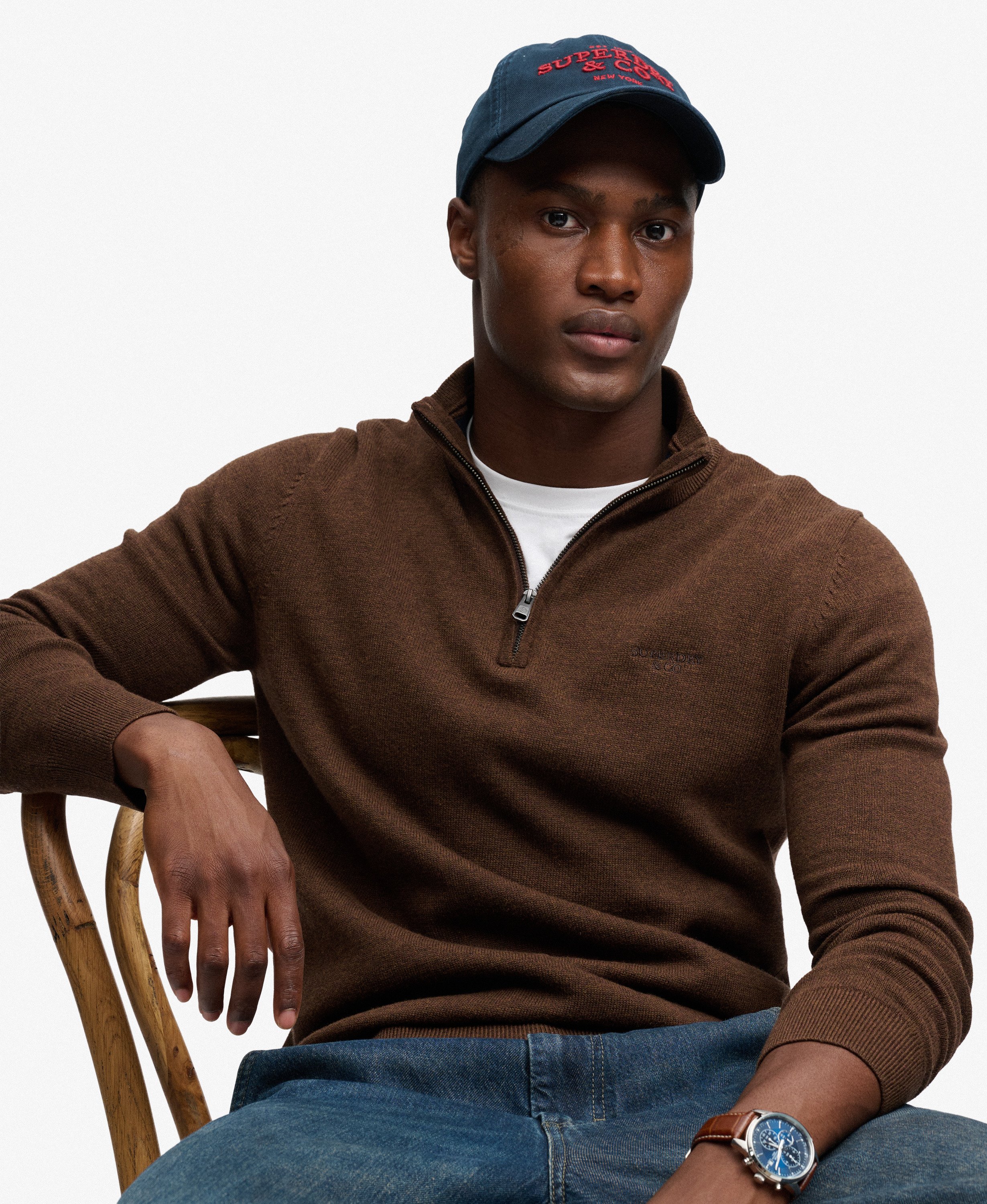 mens Prep Essential Cotton Half Zip Jumper in Chocolate Brown Marl