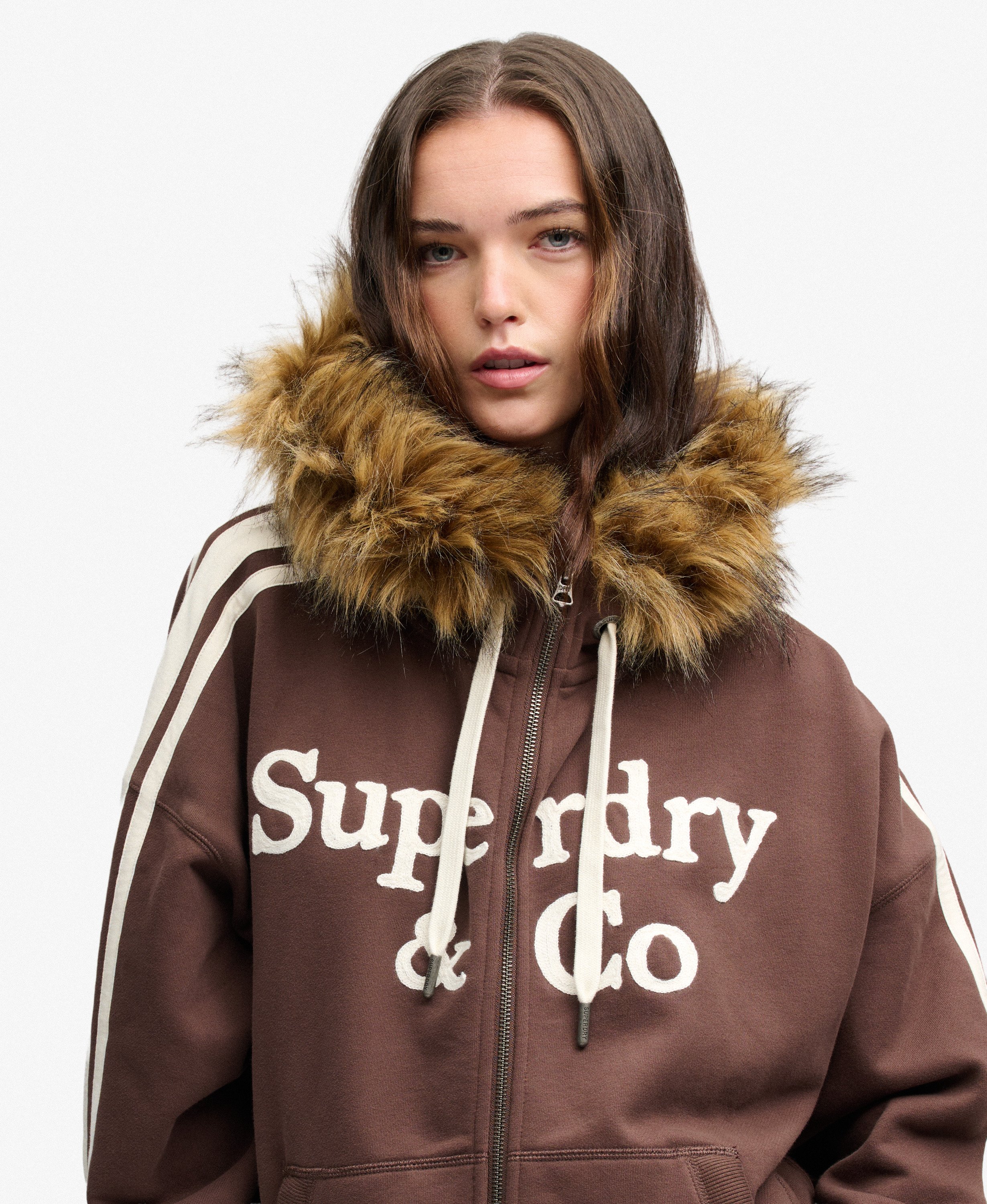 womens Vintage Faux Fur Applique Zip Hoodie in Bracken Brown