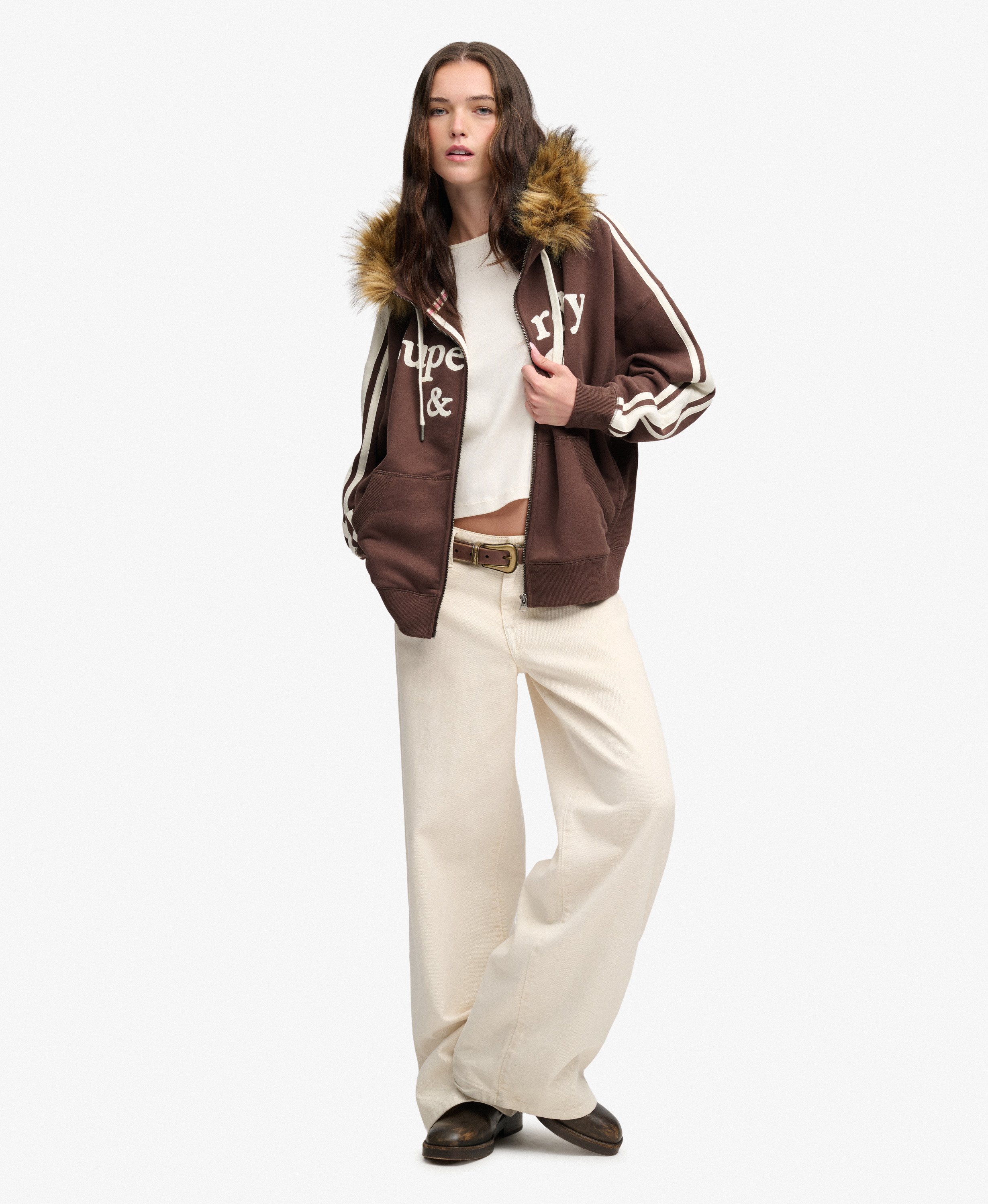 womens Vintage Faux Fur Applique Zip Hoodie in Bracken Brown